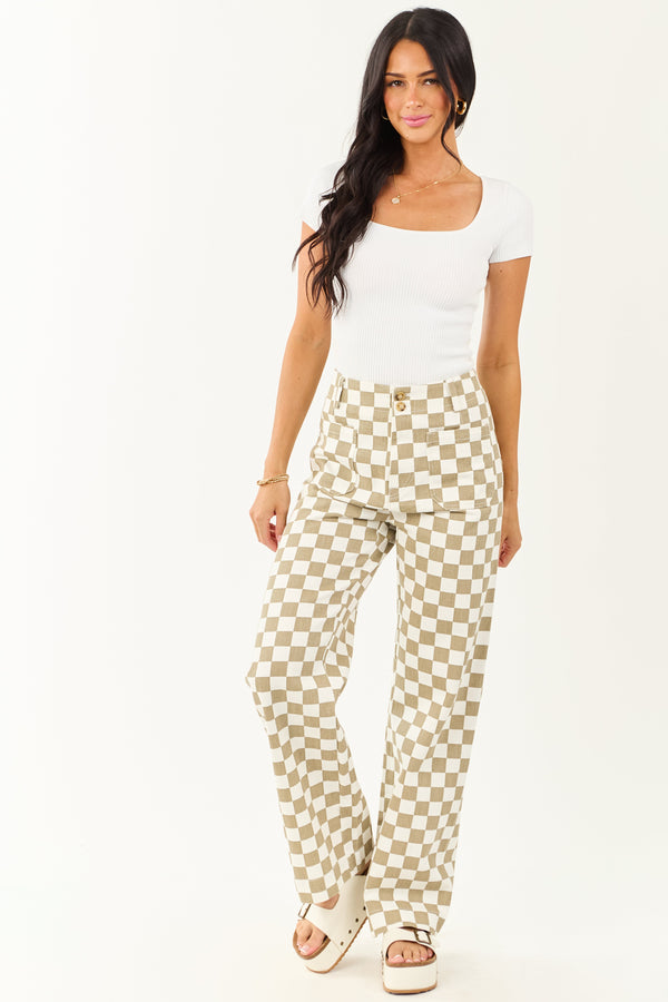 Olive & Ivory Checkered Wide Leg Denim Pants for Women - Trendy Fashionable Casual Trousers