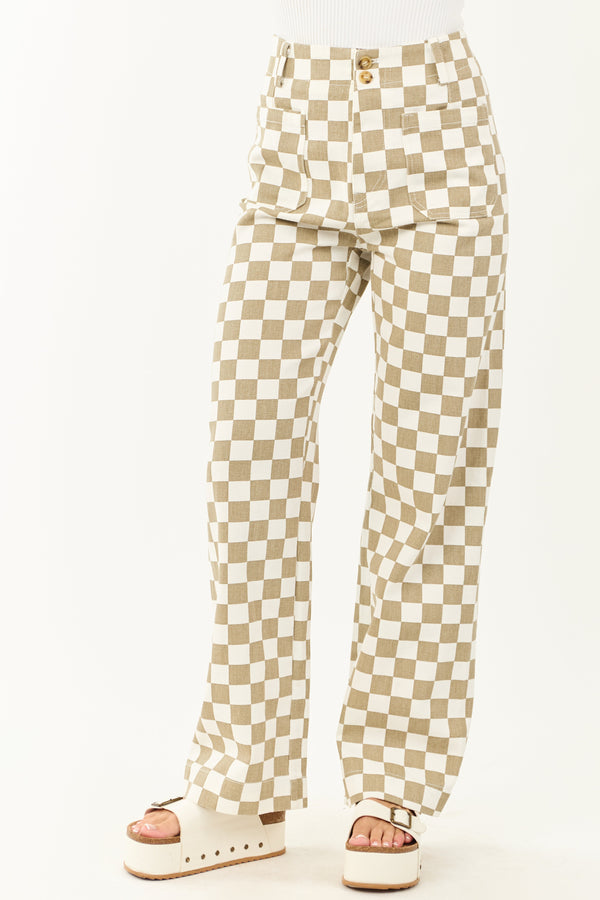 Olive & Ivory Checkered Wide Leg Denim Pants for Women - Trendy Fashionable Casual Trousers