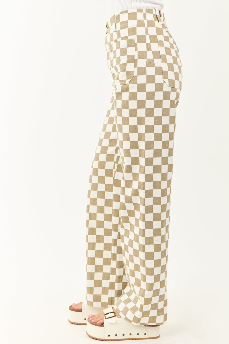Olive & Ivory Checkered Wide Leg Denim Pants for Women - Trendy Fashionable Casual Trousers