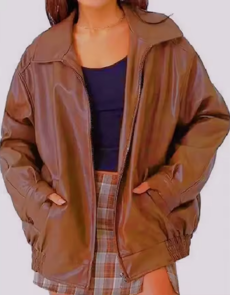 Women's Relaxed Fit Zip-Up Leather Jacket with High Collar - Stylish & Comfortable Outerwear
