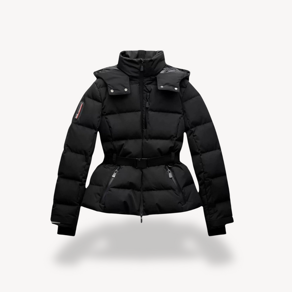 Women's Black Waterproof Belted Puffer Jacket with High Collar - Stylish & Warm Winter Outerwear