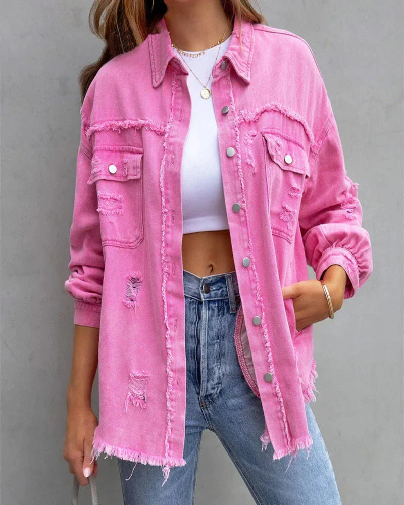 Clara Women's Distressed Tattered Denim Jacket - Trendy Casual Outerwear for Everyday Style