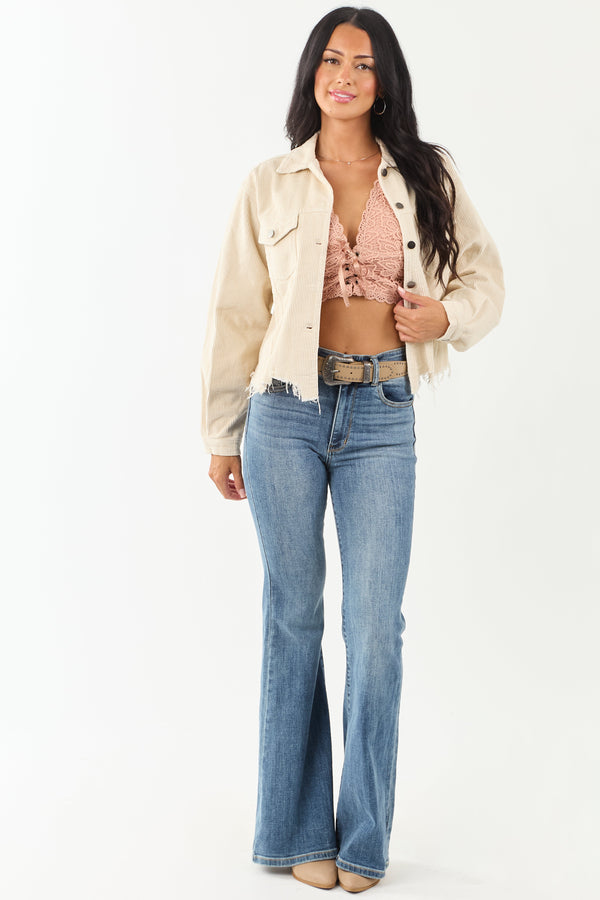 POL Women's Distressed Corduroy Button-Up Jacket - Cream Color, Stylish & Comfortable Outerwear
