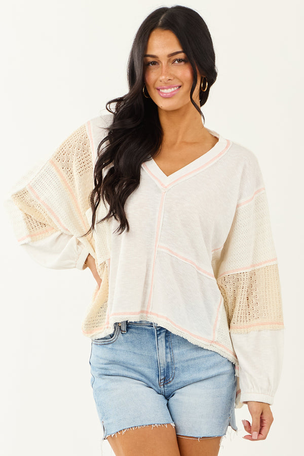 POL Women's Off White & Cream Contrast Knit Relaxed Top - Stylish & Comfortable Casual Wear