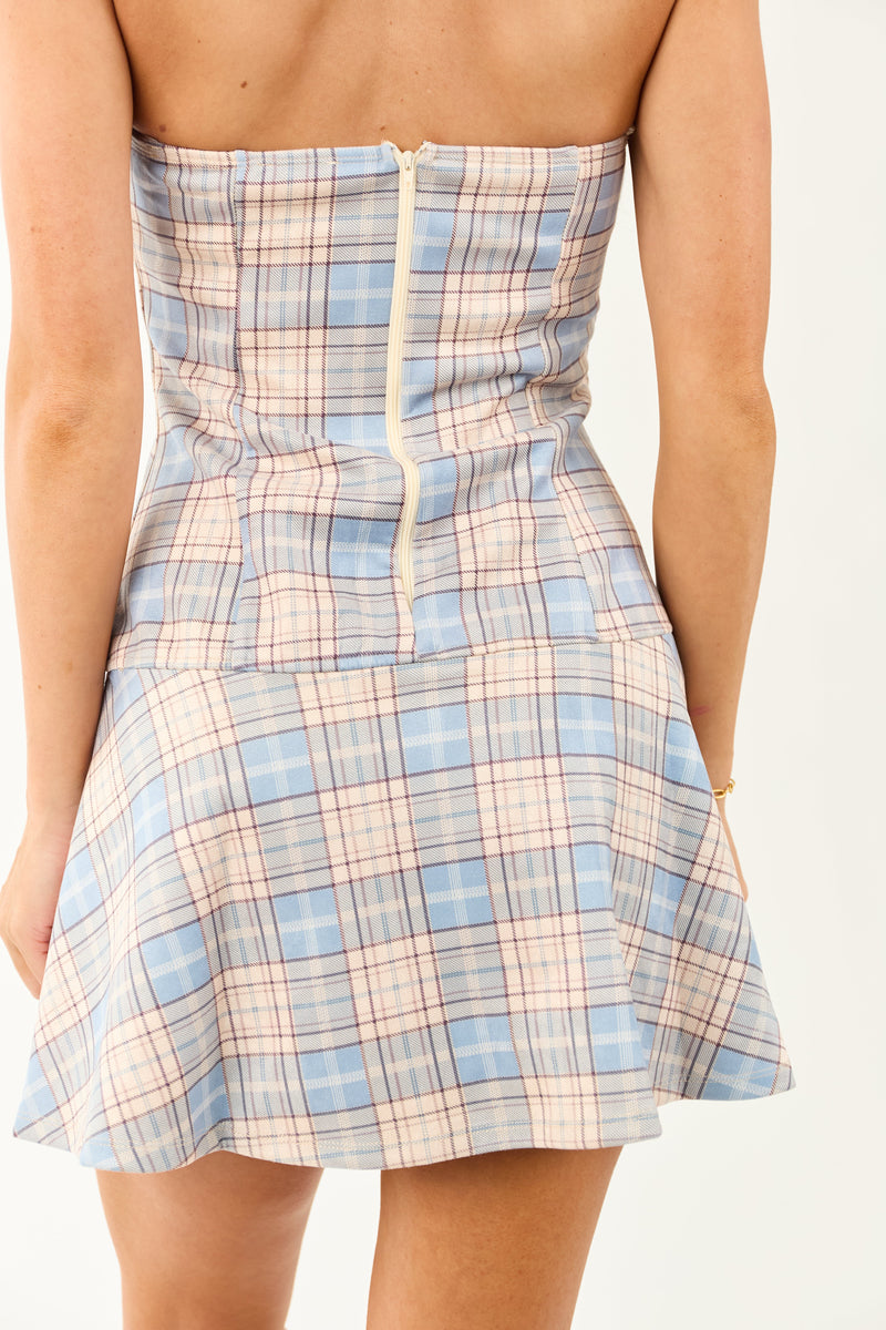 Chic Powder Blue Plaid Strapless Mini Dress - Soft & Stylish Summer Fashion