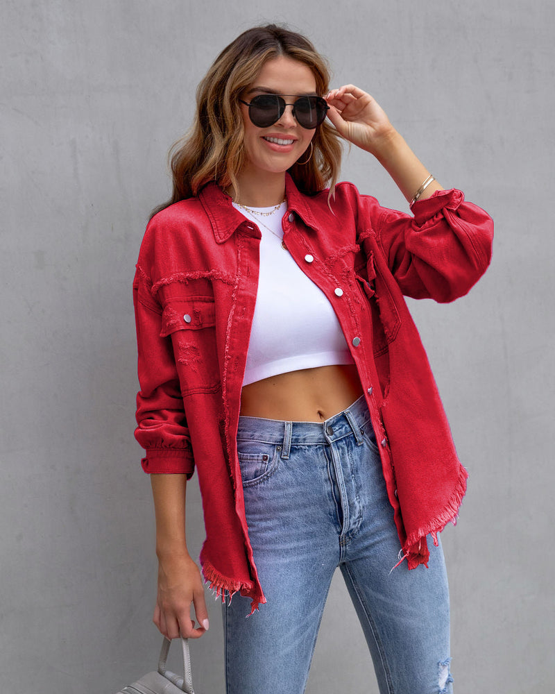 Clara Women's Distressed Tattered Denim Jacket - Trendy Casual Outerwear for Everyday Style