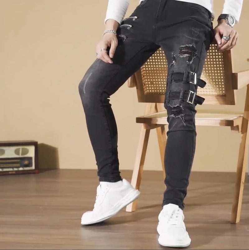 Men's Punk Skinny Ripped Biker Jeans with Buckle - Stylish Motorcycle Pants