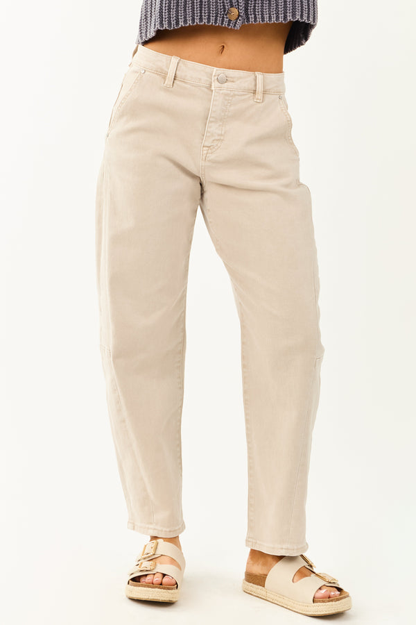 Risen Women's High Rise Cuffed Barrel Jeans - Stretchy Almond Denim for Ultimate Comfort