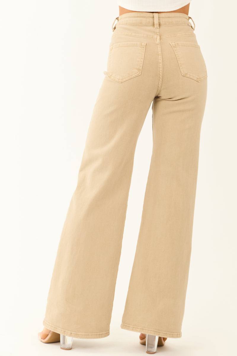 Risen Beige Tummy Control Wide Leg Stretch Jeans for Women - Comfortable Stretchy Fit