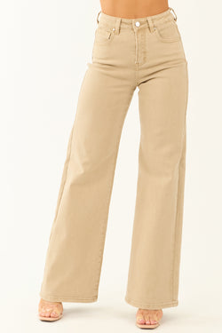 Risen Beige Tummy Control Wide Leg Stretch Jeans for Women - Comfortable Stretchy Fit