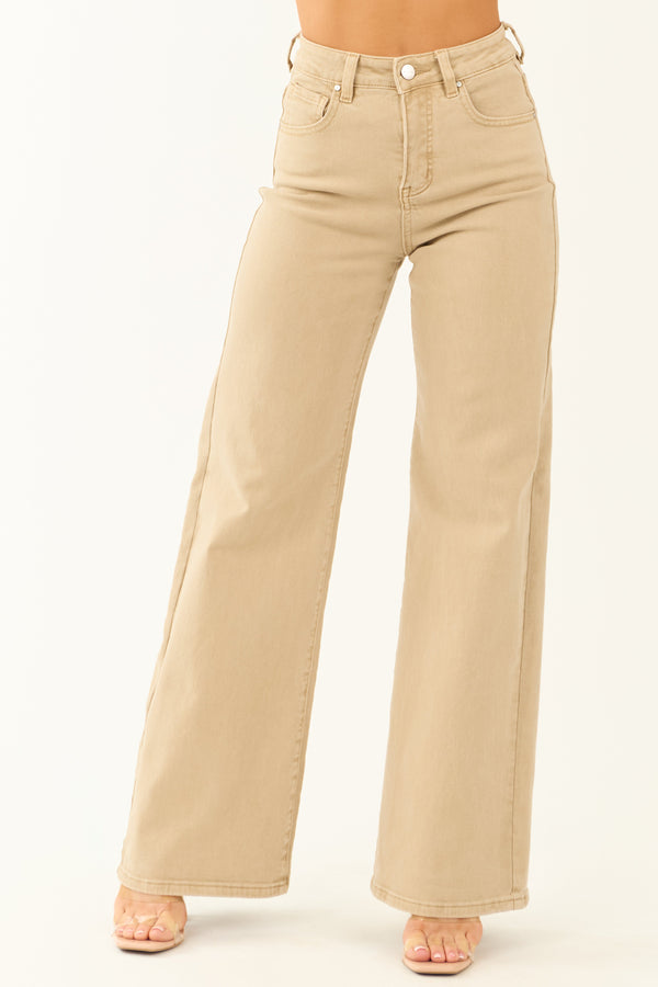 Risen Beige Tummy Control Wide Leg Stretch Jeans for Women - Comfortable Stretchy Fit