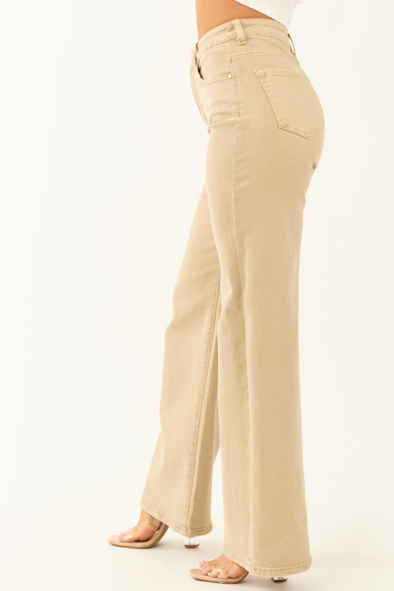 Risen Beige Tummy Control Wide Leg Stretch Jeans for Women - Comfortable Stretchy Fit