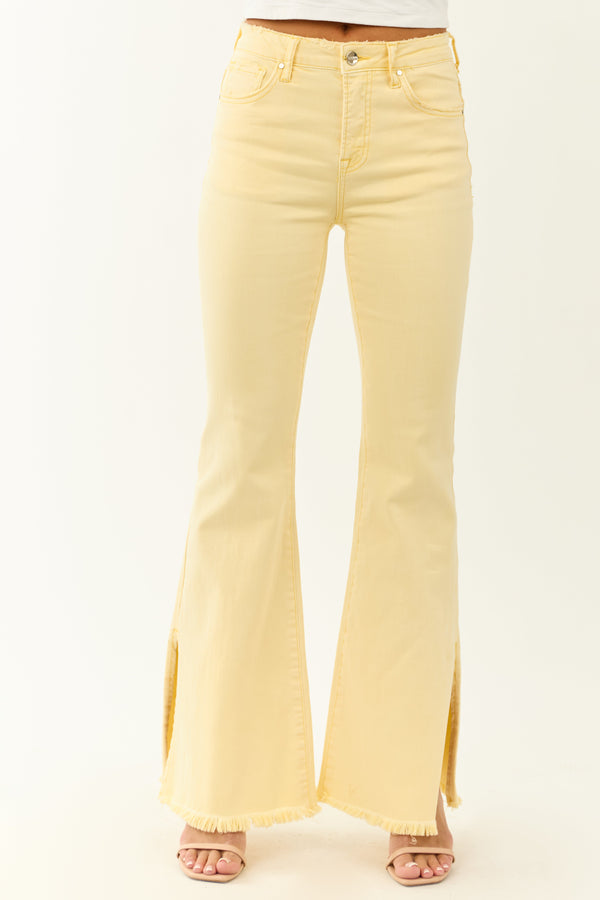 Risen Women's Buttercream Flare Jeans with Side Slit - Stretchy & Comfortable Fit
