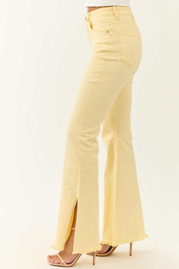 Risen Women's Buttercream Flare Jeans with Side Slit - Stretchy & Comfortable Fit
