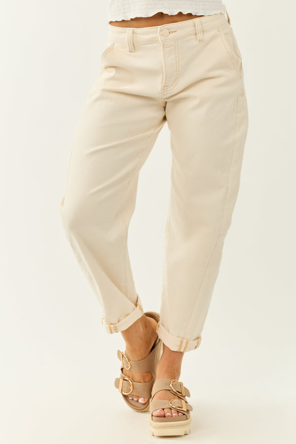 Risen Women's Ivory High Rise Cuffed Stretchy Barrel Jeans - Comfortable & Stylish Fit
