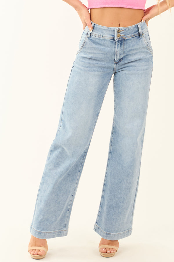 Risen Women's Light Wash Stretchy Wide Leg Jeans with Double Button Closure - Comfortable & Stylish Fit