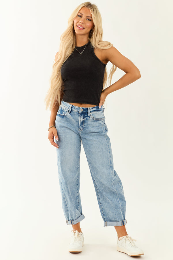 Risen Medium Wash Stretchy Barrel Cuffed Jeans for Women - Comfortable & Stylish Denim Trousers