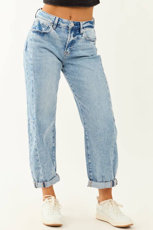 Risen Medium Wash Stretchy Barrel Cuffed Jeans for Women - Comfortable & Stylish Denim Trousers