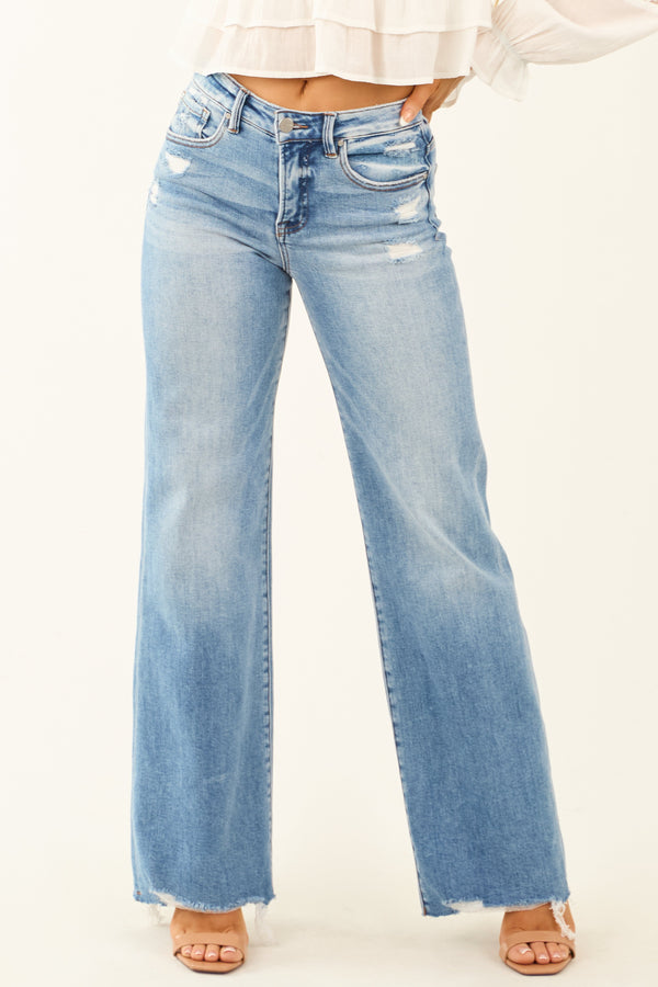 Risen Mid Rise Distressed Tummy Control Jeans for Women - Flattering Fit & Comfort
