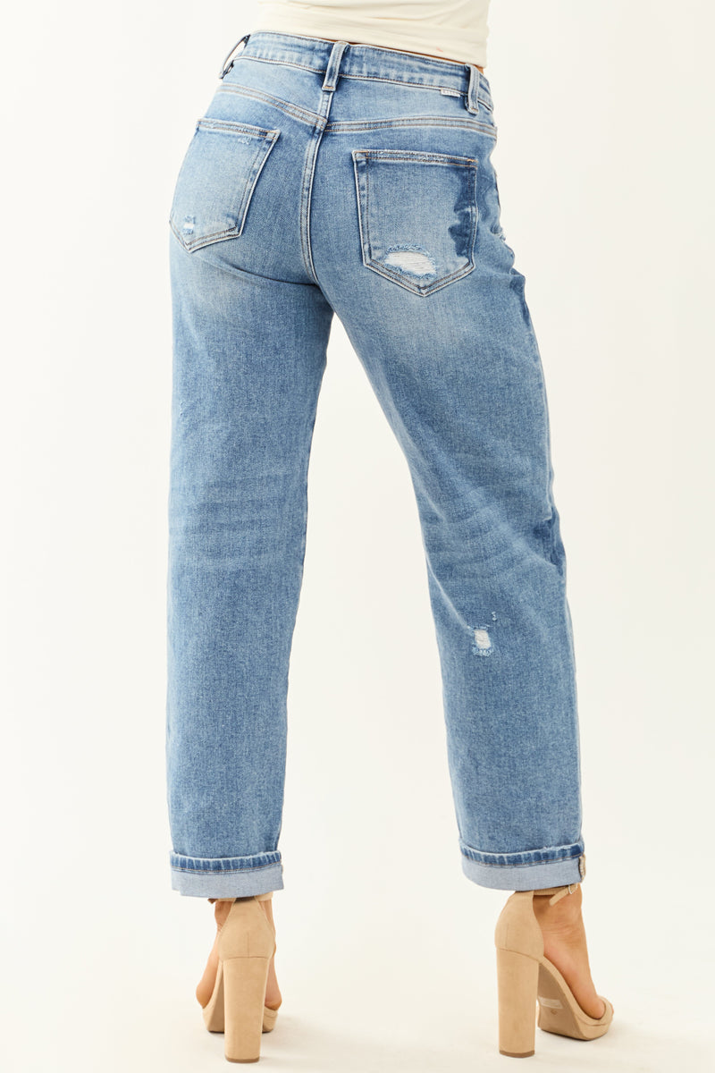 Risen Stretchy Medium Wash Star Boyfriend Jeans for Women - Comfortable & Stylish Denim