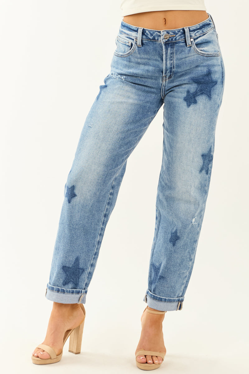 Risen Stretchy Medium Wash Star Boyfriend Jeans for Women - Comfortable & Stylish Denim