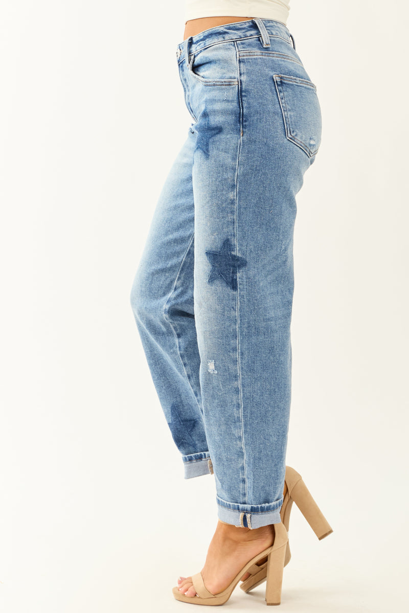 Risen Stretchy Medium Wash Star Boyfriend Jeans for Women - Comfortable & Stylish Denim