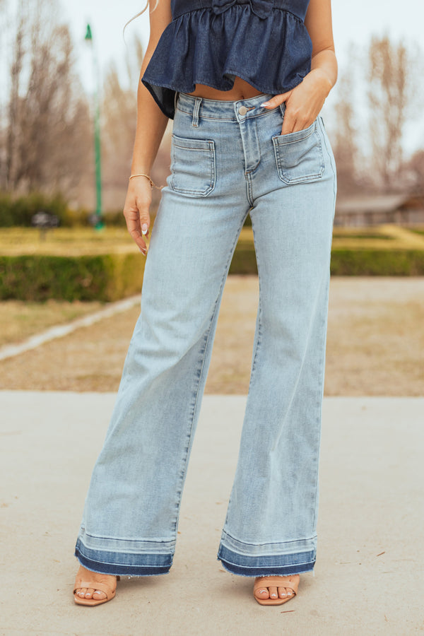 Risen Light Wash Stretchy Ombre Hem Wide Leg Jeans for Women - Trendy & Comfortable Denim Pants
