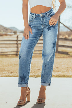 Risen Stretchy Medium Wash Star Boyfriend Jeans for Women - Comfortable & Stylish Denim