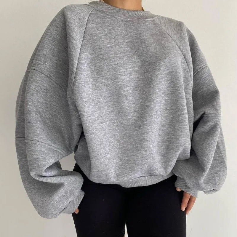 Women's Oversized Round Neck Jumper with Long Balloon Sleeves - Cozy Loose Fit Sweater