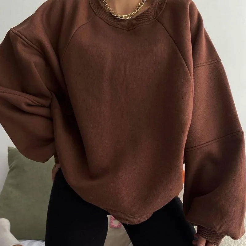 Women's Oversized Round Neck Jumper with Long Balloon Sleeves - Cozy Loose Fit Sweater