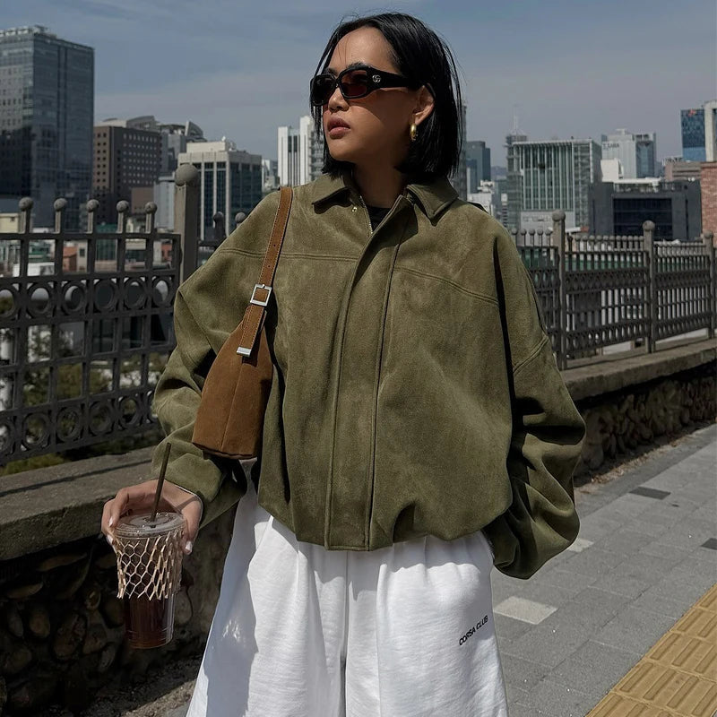 Stylish Women's Cropped Bomber Jacket with Lapel Collar & Zip Front - Trendy Outerwear for Every Season