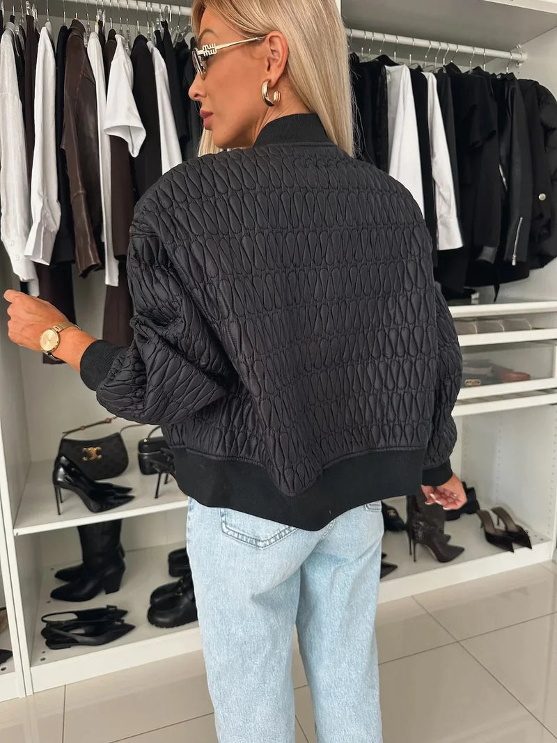 Stylish Women's Quilted Bomber Jacket - Zip Front, Ribbed Trim, Perfect for Fall Fashion