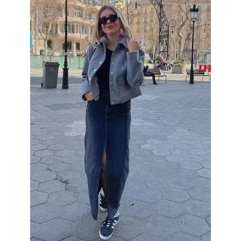 Women's Cropped Aviator Bomber Jacket - Stylish Button Front & Functional Pockets