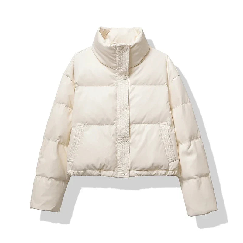Women's Short Quilted Puffer Jacket with Mock Neck - Stylish & Warm Winter Outerwear