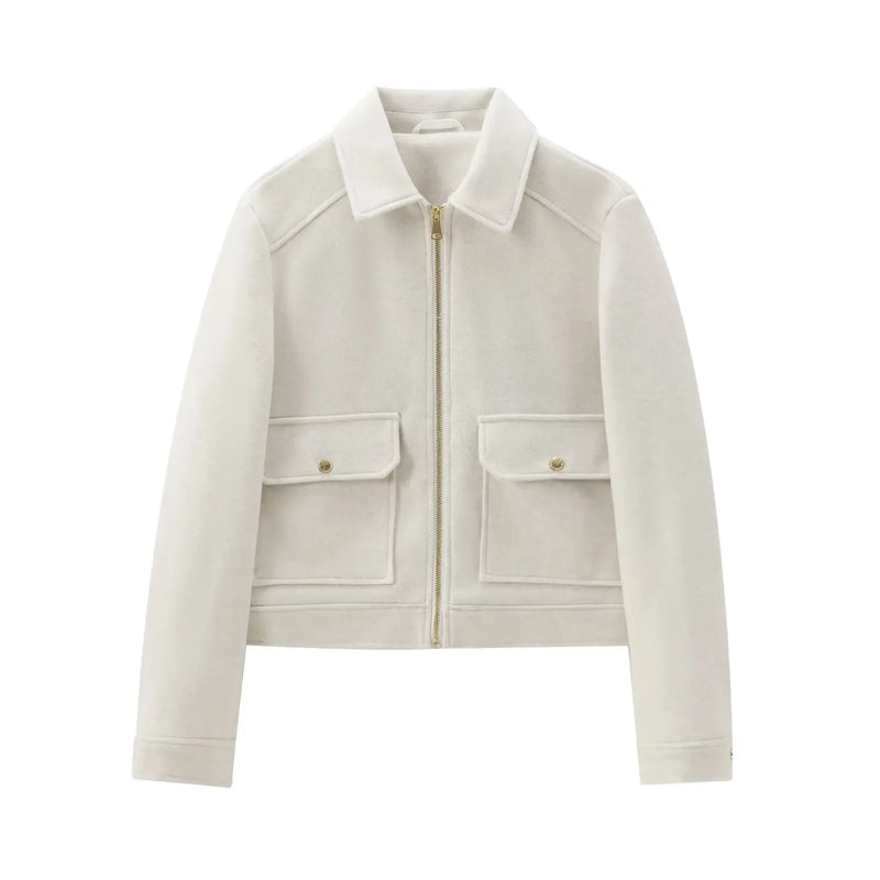 Women's Stylish Short Lapel Bomber Jacket - Zip Front & Flap Pockets - Trendy Casual Outerwear
