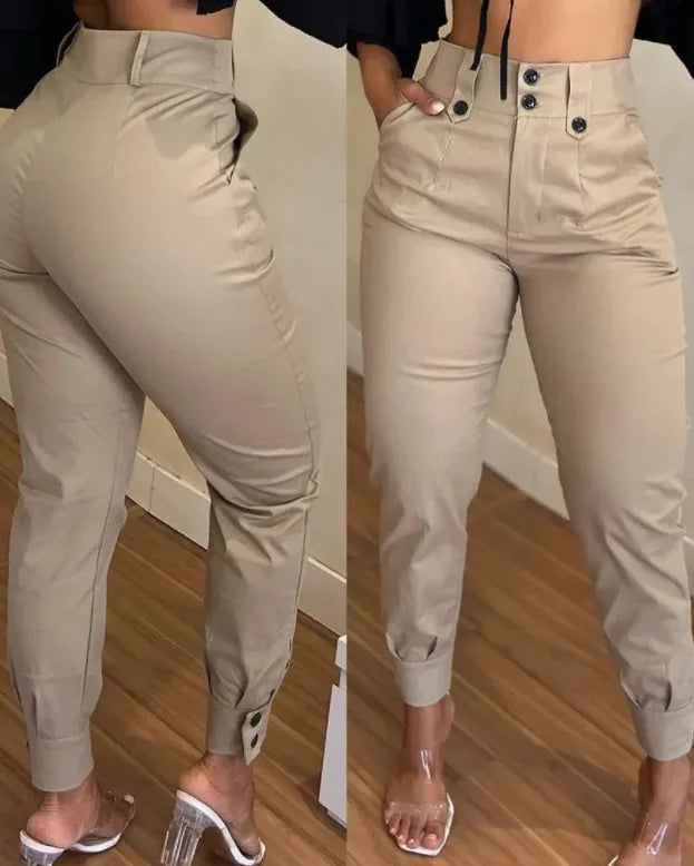 Women's High Waist Spliced Cargo Capris with Pockets - Zipper Fly Skinny Ankle Pants - Casual Button Pencil Style 2024