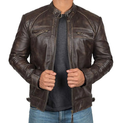Men's Biker Leather Jacket Stand-up Collar
