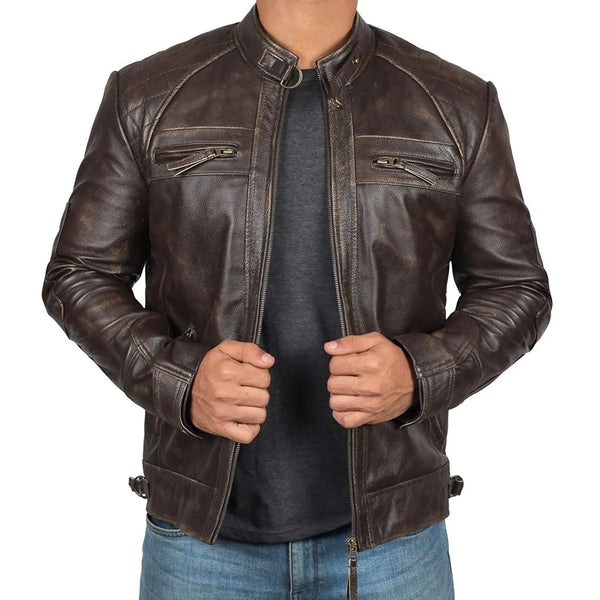 Men's Biker Leather Jacket Stand-up Collar
