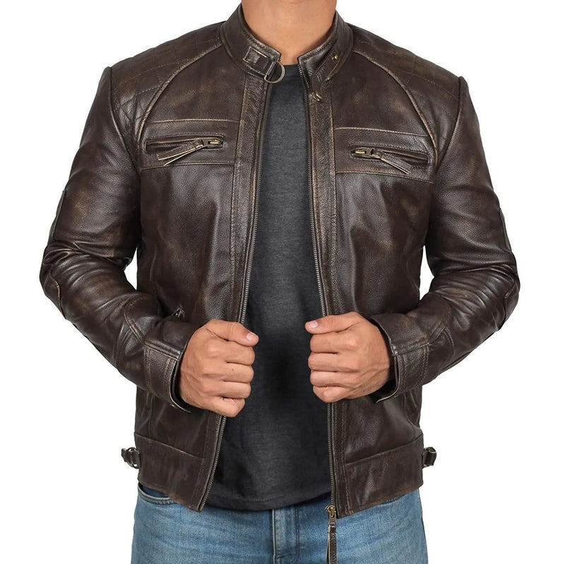 Men's Biker Leather Jacket Stand-up Collar