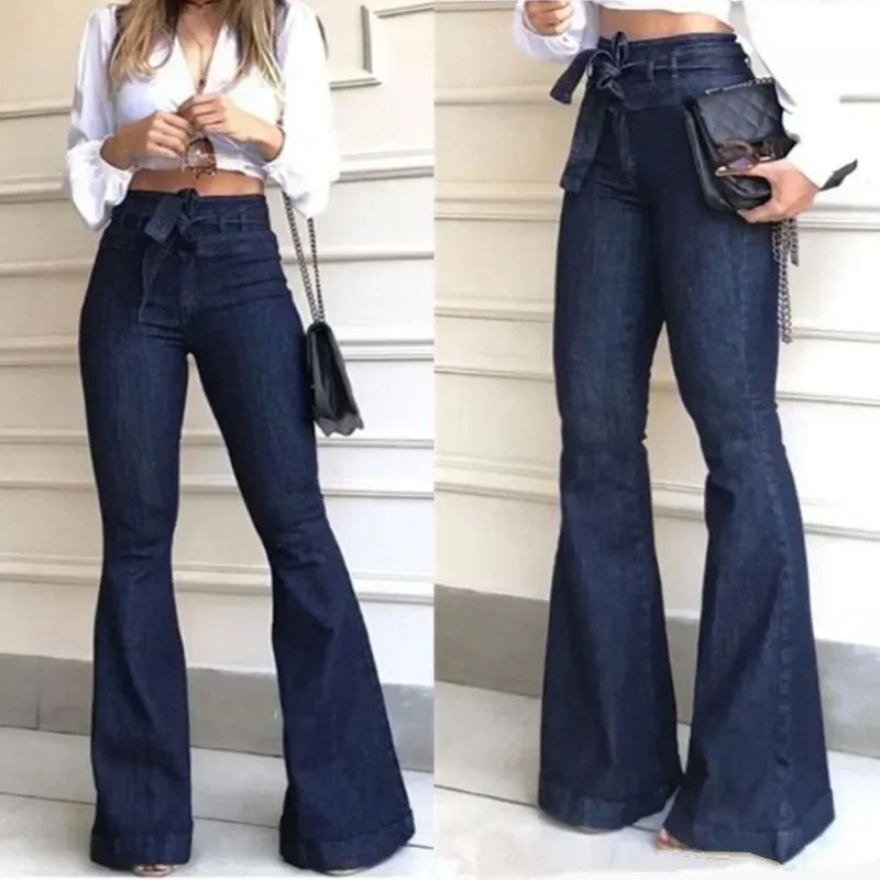 Women's High Waist Flare Jeans - Solid Color, Zipper Fly, Slim Fit with Flat Pockets & Patchwork Detail - Stylish Streetwear with Slight Stretch & Belt Loops
