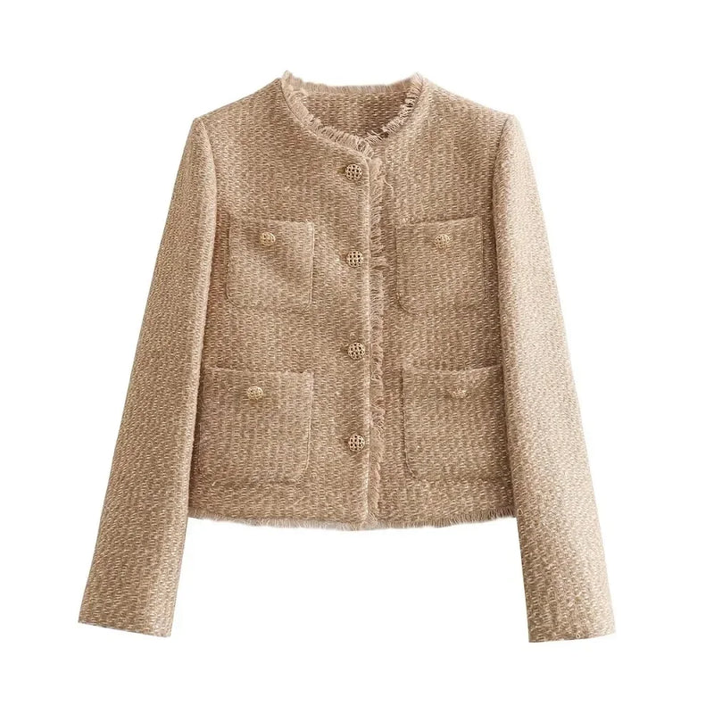 Elegant Women's Cropped Tweed Jacket - Long Sleeve Short Coat Style for Chic Fashion