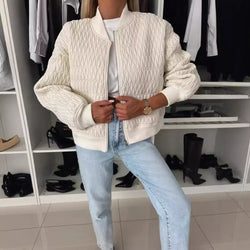 Stylish Women's Quilted Bomber Jacket - Zip Front, Ribbed Trim, Perfect for Fall Fashion