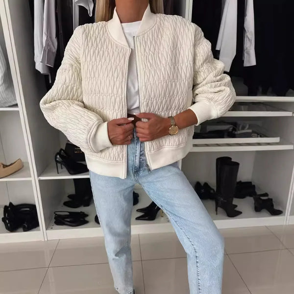 Stylish Women's Quilted Bomber Jacket - Zip Front, Ribbed Trim, Perfect for Fall Fashion