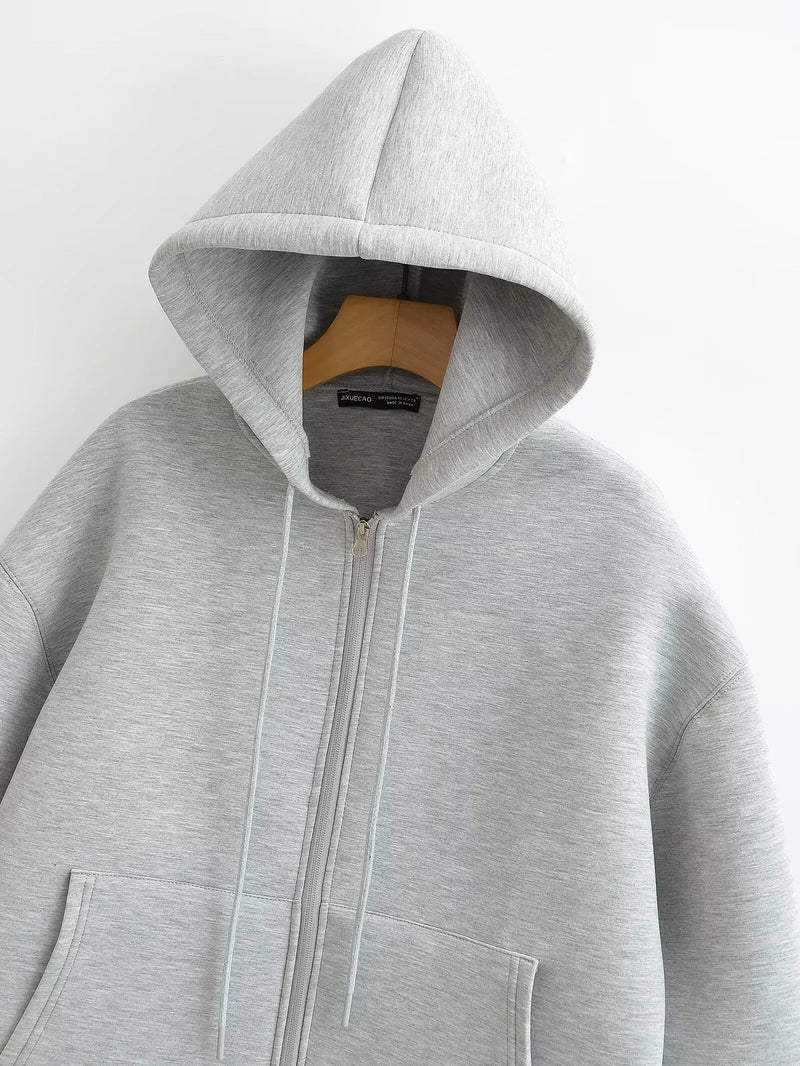 Women's Oversized Zip-Up Hoodie with Drawstring Hood & Pockets - Cozy Casual Wear