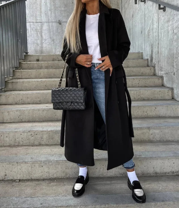 Women's Classic Fit Double-Breasted Winter Coat with Waist Belt - Stylish & Warm Outerwear