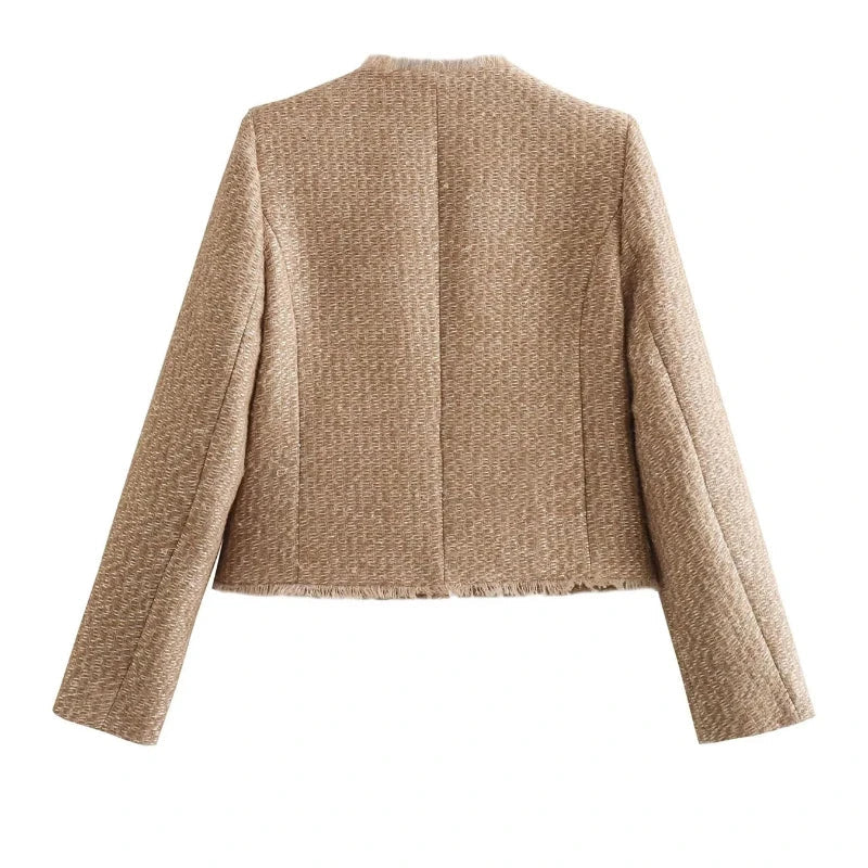 Elegant Women's Cropped Tweed Jacket - Long Sleeve Short Coat Style for Chic Fashion