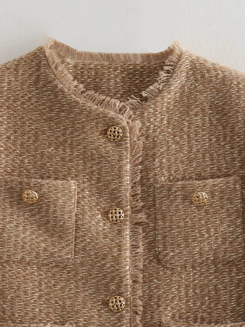 Elegant Women's Cropped Tweed Jacket - Long Sleeve Short Coat Style for Chic Fashion