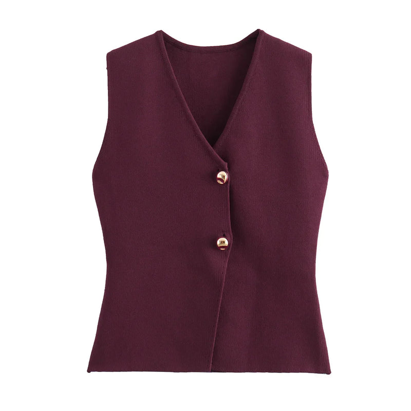 Women's Sleeveless Knitted Vest Top - Button-Front Design for Stylish Layering