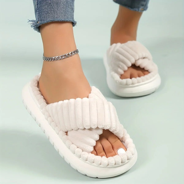 Women's Plush Cross-Band Open Toe Slippers - Soft Cushioned Sole for Ultimate Comfort