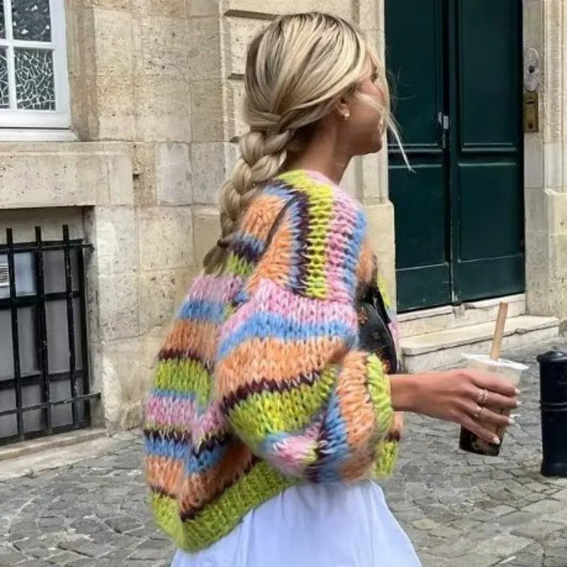 Women's Colorful Chunky Knit Open Front Cardigan - Cozy & Stylish Knitwear